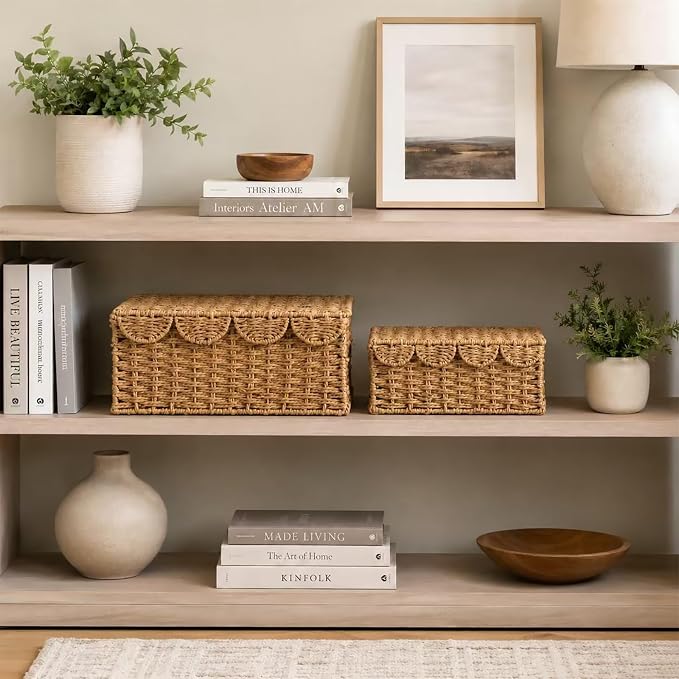 Set of 2 Scalloped Wicker Baskets with Lid,Paper Rope Decorative Storage Baskets for Shelves, Display Shelf, Handmade Cute Woven Basket for Nursery,Living Room Decor - Image 3