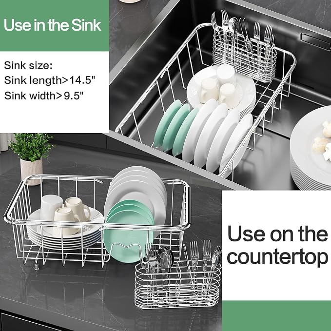 Fanbsy Small Dish Drainer Rack in Sink Adjustable, Expandable Stainless Steel Metal Dish Drying Rack Organizer with Stainless Steel Utensil Holder Over Inside Sink Counter, Rustproof(for 1-2 People) - Image 5