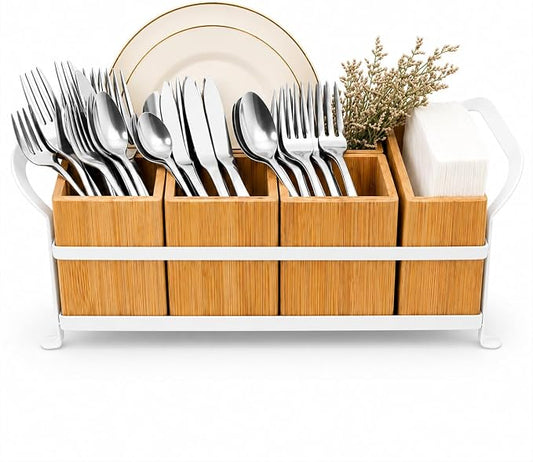 Bamboo Utensil Caddy with Handle - 5 Compartment Silverware Holder for Party & Kitchen Countertop - Removable Wooden Flatware Organizer for Picnic, BBQ, Buffet, RV & Outdoor Dining by Unknown