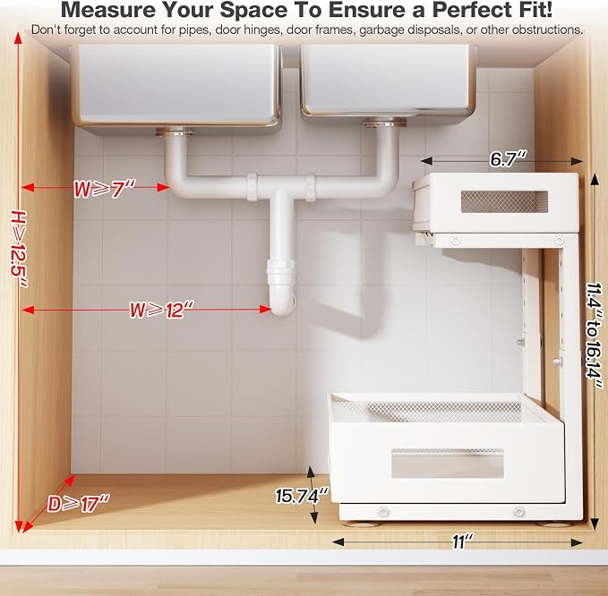 2-Pack Under Sink Storage Organizer, Large 2-Tier Elegant Mesh Pull Out Shelf for Kitchen and Bathroom Cabinet Organization, L-Shaped and Adjustable Height Design for Maximum Space Efficiency-White - Image 2