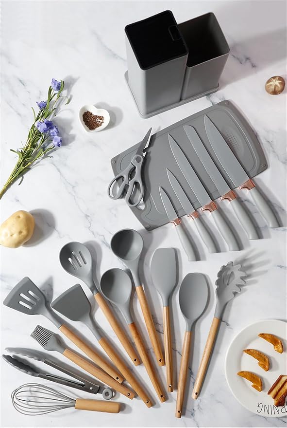 19 Pcs Kitchen Cooking Utensils and Knife Set with Block, Include 11 Pcs Silicone Cooking Utensils Set 5 Pieces Sharp Stainless Steel Chef Knives Scissors Whisk Tongs and Cutting Board (Grey) - Image 2