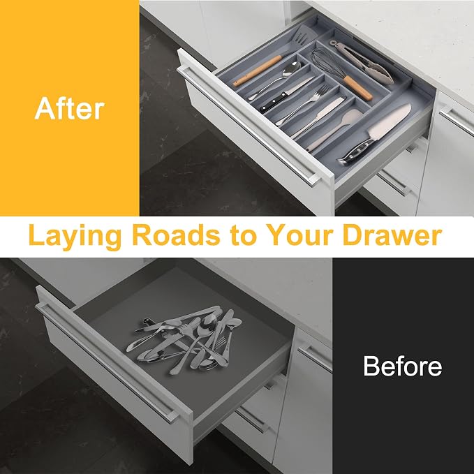 Large Premium Bamboo Silverware Organizer - Expandable Drawer Organizer & Utensil Organizer - 17"x19.7" Cutlery Tray with Dividers for Kitchen Utensils and Flatware (7-9 Slots) (Grey) - Image 4