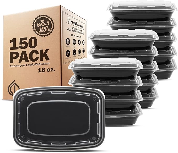 Freshware Meal Prep Containers [150 Pack] 1 Compartment with Lids, Food Storage Containers, Bento Box, BPA Free, Stackable, Microwave/Dishwasher/Freezer Safe (16 oz),Black by Freshware