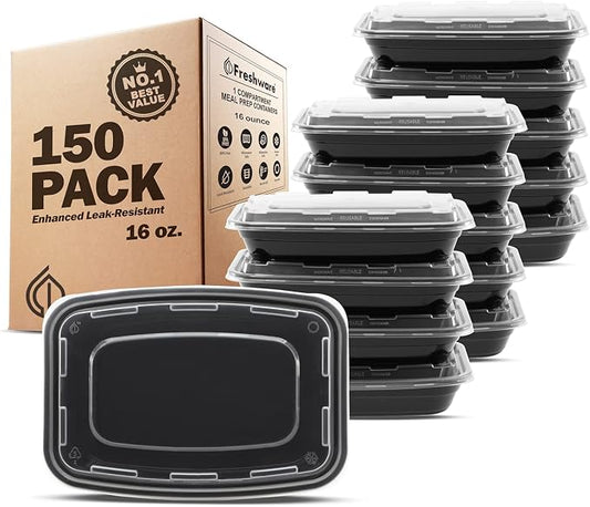 Freshware Meal Prep Containers [150 Pack] 1 Compartment with Lids, Food Storage Containers, Bento Box, BPA Free, Stackable, Microwave/Dishwasher/Freezer Safe (16 oz),Black by Freshware