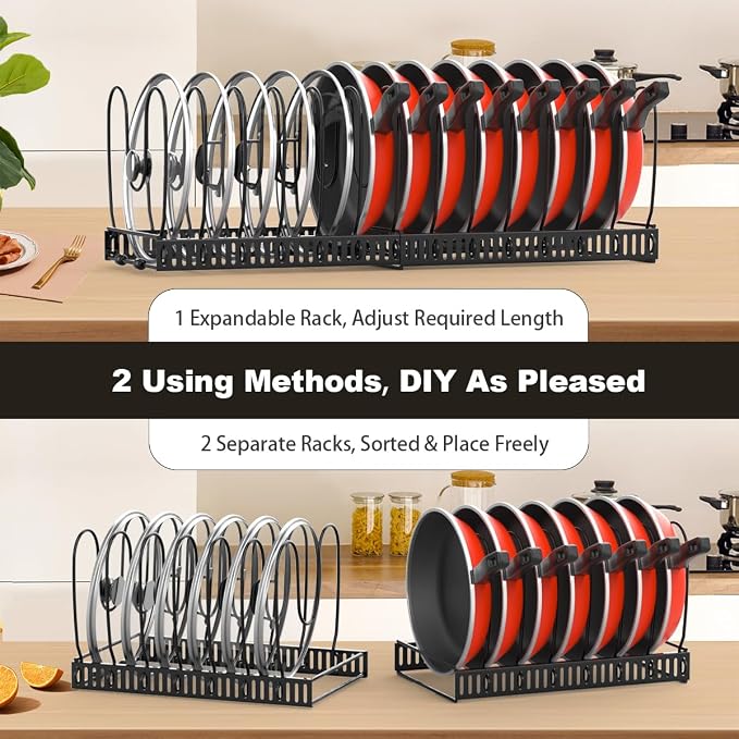 Housolution 2 Pack Pot and Pan Lid Organizer Holder Storage Rack, Black | 12"-23" Expandable, 14 Adjustable Dividers, Sturdy Metal Construction, Easy Assembly - Image 4