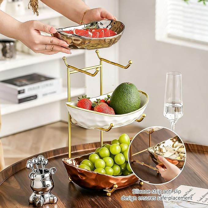 3 Tier Ceramic Fruit Bowl with Metal Stand - Kitchen Countertop Organizer for Fruits, Snacks, Desserts, Nuts, Candy Storage, Modern Serving Basket for Party, Dining & Home Decor - Image 2
