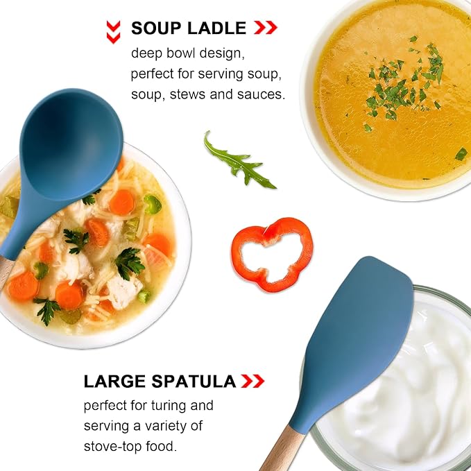 Silicone Kitchen Cooking Utensils Set 5Pcs Non-Stick Silicone Kitchen Utensils Set Spatula Spoon Turner Ladle with Wooden Handle, Heat Resistant Cooking Gadgets for Nonstick Cookware BPA-FREE - Image 6