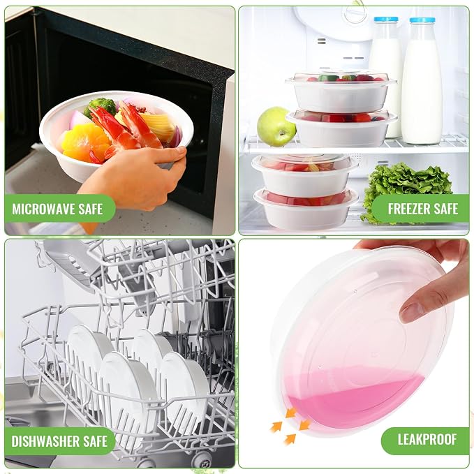 Nuenen 100 Pcs 16 oz Round Meal Prep Containers with Lids Plastic Containers Meal Prep Lunch Box Bowls Take out Food Storage Bento Box Microwavable Freezer Safe(White) - Image 5