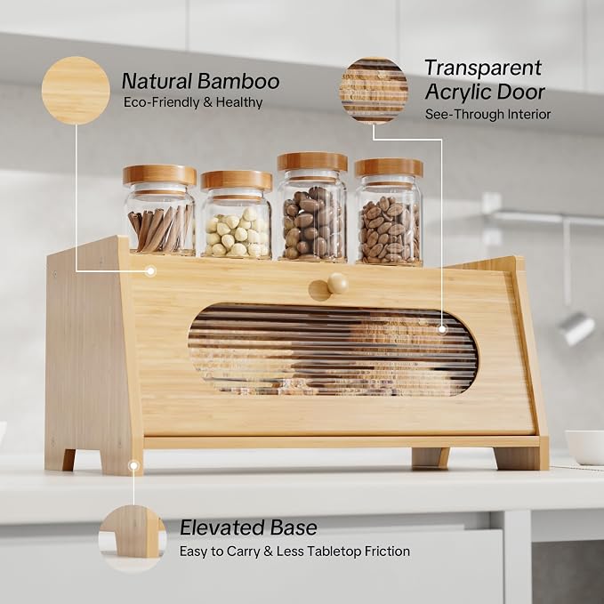 Bamboo Bread Box for Kitchen Countertop,Large Capacity Kitchen Countertop Organizer,Bread Storage with Acrylic Window for Cabinet,Pantry,Cupboard - Image 4