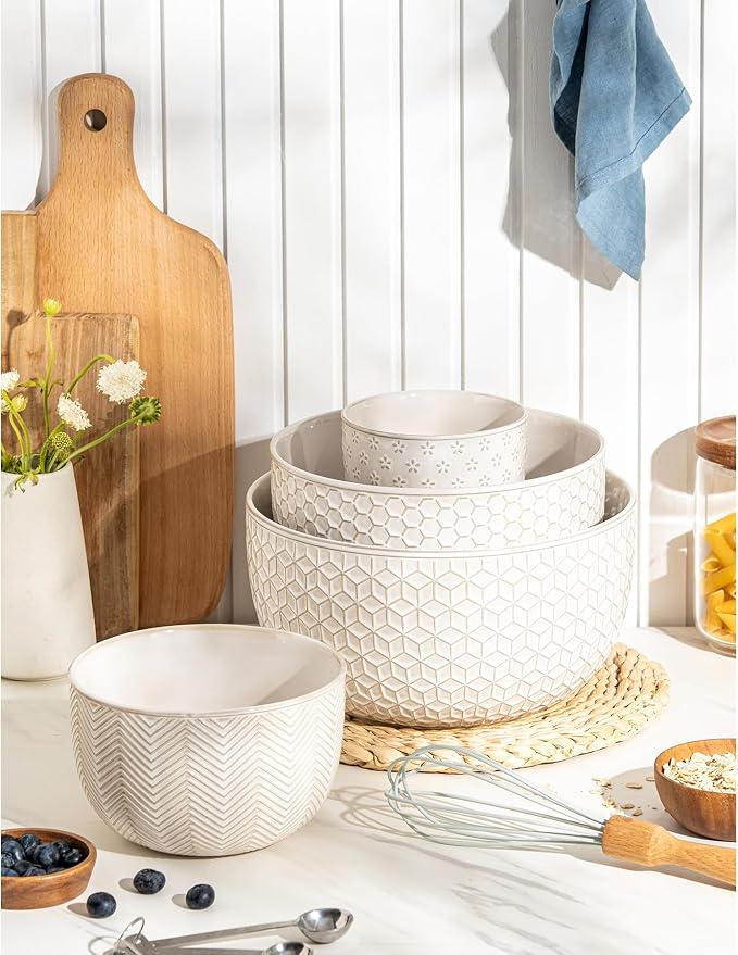 Ceramic Mixing Bowls, Embossed Nesting Bowls Set of 4, Mixing Bowl Set for Serving, Baking, Cooking and Gift, Microwave and Dishwasher Safe, 20/47/99/148 oz, Off-White - Image 7