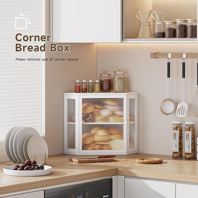 Corner Bread Box for Kitchen Countertop,Bread Storage Bin (White, Medium) | Double Layer Large Capacity Bamboo Bread Container with Acrylic Door,Height Adjustable - Image 3