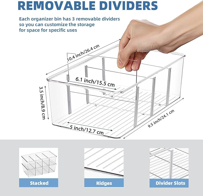 4PCS Food Storage Organizer Bins Clear Plastic Removable Snack Organizer Pantry Organization Storage Racks with Removable Divider,Perfect for Kitchen,Fridge,Cabinet,Bathroom Organization - Image 2