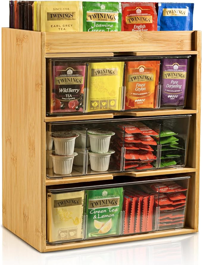 TIMIEEYA Tea Bag Organizer - Bamboo Tea Storage With Drawer 3 Layer, Organizer for Tea Bags Natural Wood & Acrylic for Countertop Office Kitchen Cabinet Pantry by TIMIEEYA