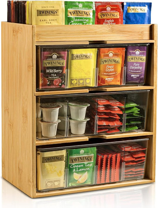 TIMIEEYA Tea Bag Organizer - Bamboo Tea Storage With Drawer 3 Layer, Organizer for Tea Bags Natural Wood & Acrylic for Countertop Office Kitchen Cabinet Pantry by TIMIEEYA