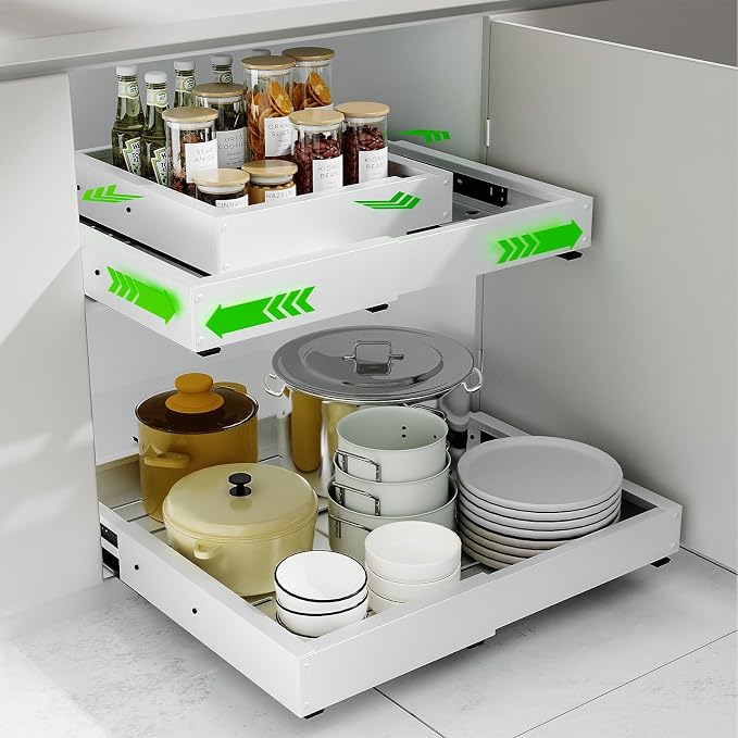 Expandable Pull Out Cabinet Organizer, Adjustable Width 12"-19" & Depth 16.5"-22", 4-Side Extension, 5 Slide Rails for Heavy Duty Use, Adhesive Roll Out Shelves for Kitchen Cabinets, White 1PCS by PARTNERJOY