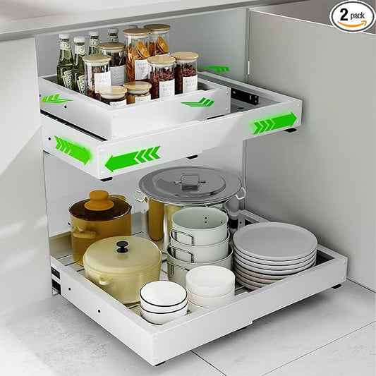 2 Pack Expandable Pull Out Cabinet Organizer, Width (12"-19" ) & Depth (16.5"-22")No Drill Adjustable Cabinet Pull Out Shelves for Kitchen,Pantry, Adhesive Roll Out Shelves for Kitchen Cabinets-White by PARTNERJOY