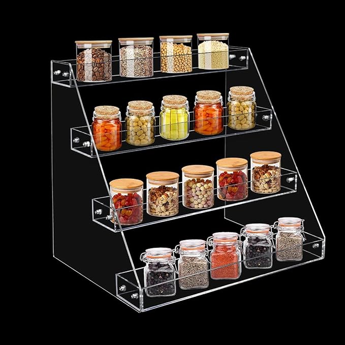 PMMASTO Tiered Spice Rack, Seasoning Organizer, Clear Acrylic Vertical Shelves Can Organizer for Countertop, Cabinet, Pantry, Kitchen Organization and Storage - 4 Tier - Image 3