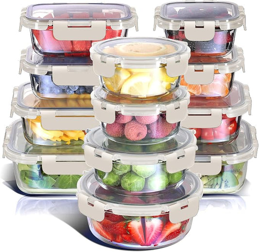 Nestl 24pc Glass Storage Containers with Lids, 12 Glass Food Storage Containers with 12 Airtight Lids for Pantry & Kitchen, Meal Prep Containers for Lunch, Oven Microwave & Dishwasher Safe, Cream by Nestl