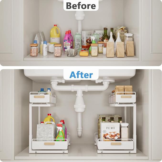 Under Sink Organizer Kitchen - Upgraded Professional Rails, 2 Tier Dual Pull Out Cabinet Storage, Height Adjustable Under Sink Storage, Metal Sliding Drawer for Kitchen & Bathroom, White, 2 Pack - Image 4
