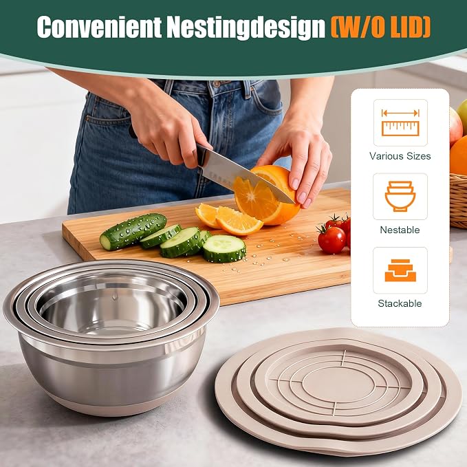 Stainless Steel Mixing Bowls Set with Lids & Silicone Base - 7-Piece Kitchen Gadgets Includes Colander, Grater, Egg Separator, Whisk - Nesting Bowls (1.5, 2, 2.5, 4.5 QT), Dishwasher Safe, Khaki - Image 3