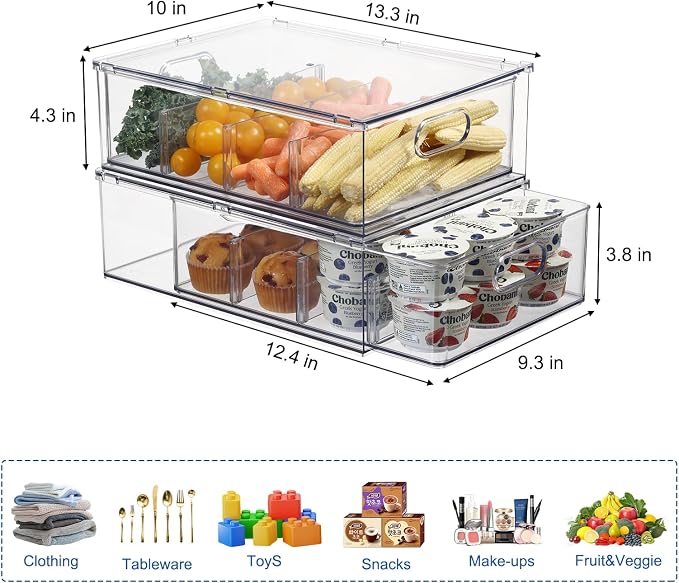 Fridge Organizers and Storage Pull Out Drawer, 2 Large | Dividers, Stackable, Clear, Fruit and Veggies Containers, for Kitchen, Cabinet - Image 2