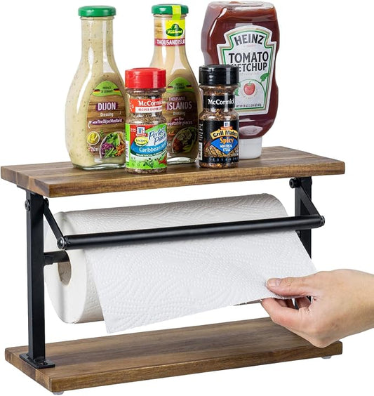 MyGift Premium Solid Acacia Wood Paper Towel Holder with Top Display Shelf and Matte Black Metal Frame, Freestanding Kitchen Countertop Disposable Roll Dispenser Storage Rack by MyGiftHome