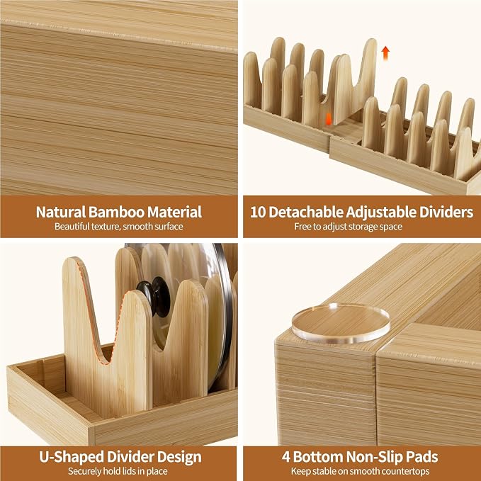Housolution 2 Pack Bamboo Pot and Pan Lid Organizer Holder Storage Rack | 15"-29" Expandable, 10 Adjustable Dividers, Upgrade Solid Wooden Base, Easy Assembly - Image 4