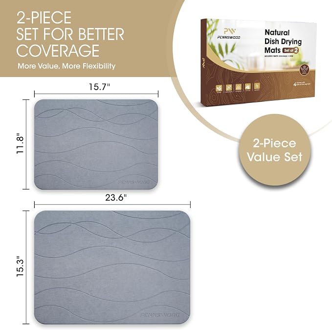 2 Pack Large Stone Dish Drying Mats for Kitchen Counter, （24" x 16" + 16" x 12"）, Diatomaceous Earth, Ultra Absorbent, Quick Dry, with Wooden Feet and Non-Slip Mesh Liners - Image 2