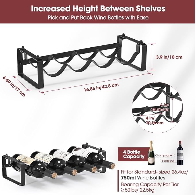 Stackable Wine Rack Countertop, 4 Bottles Bottle Holder for Cabinet | Small Tabletop Wine Holder Stand for Pantry Bar, 1-Tier Angle Adjustable Wine Bottle Rack for Tight Spaces - Image 3