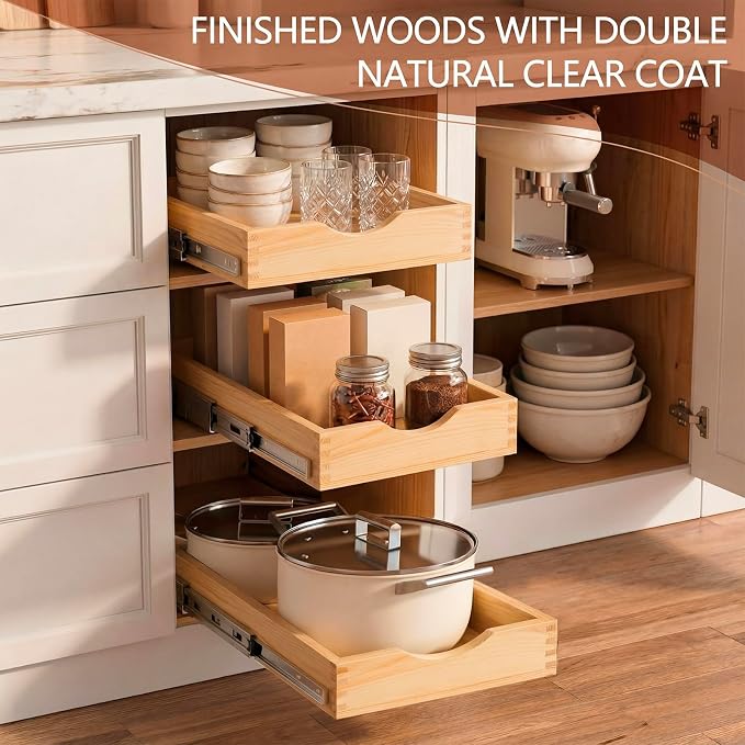 2 Set Wooden Pull out Cabinet Organizer Fully Assembled Slide out Pantry Drawer with Gentle Close Storage Shelf Tray for Base Kitchen Under Sink Bathroom Accessory(Wood Color,12'' X 21'' X 3") - Image 6