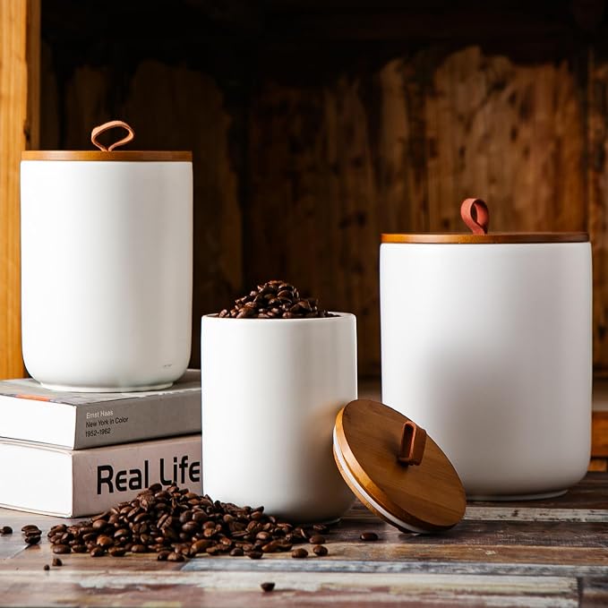 JOJUNO White Ceramic Food Storage Canister Set (30 oz, 48 oz, 82 oz) with Bamboo Lids, 3-Piece Airtight Jars for Flour, Sugar, Coffee, Tea, Oats, Spice – Kitchen Storage Containers with Lids - Image 7