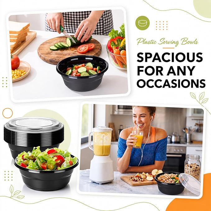 10 Pack 169oz Large Plastic Serving Bowls with Lids Round Extra Large Disposable Salad Bowls Containers Chip Candy Dish for Salads and Snacks Party Picnic Buffet Eating - Image 4