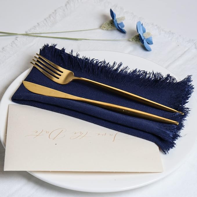 Handmade Cloth Napkins with Fringe,18 x 18 Inches Cotton Linen Napkins Set of 6 Versatile Handmade Square Rustic Fringe Napkins for Dinner, Wedding and Parties, Navy Blue - Image 3