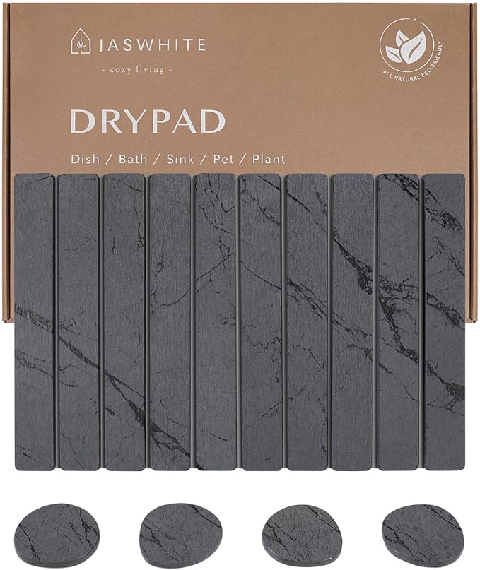 Stone Dish Drying Mat for Kitchen Counter, Large Foldable Marble Quick Dry Diatomaceous Earth Mat with 4 Stone Coasters Set, Ultra Absorbent Collapsible Drying Pad for Bathroom by Unknown
