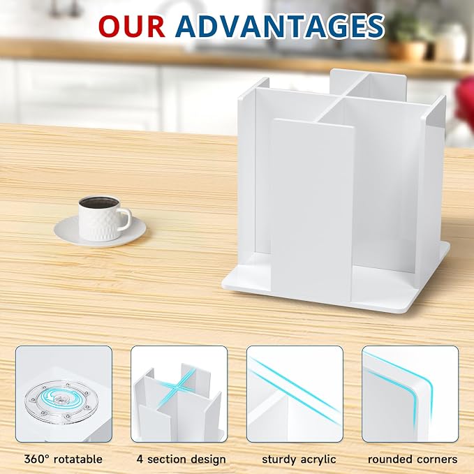 KOTEMON Cup and Lid Holder, 4 Compartment, Square | Rotating Coffee Cup Dispenser Lid Carousel for Restaurant, Buffet, Coffee Station, Bar, Countertop, White Acrylic - Image 6