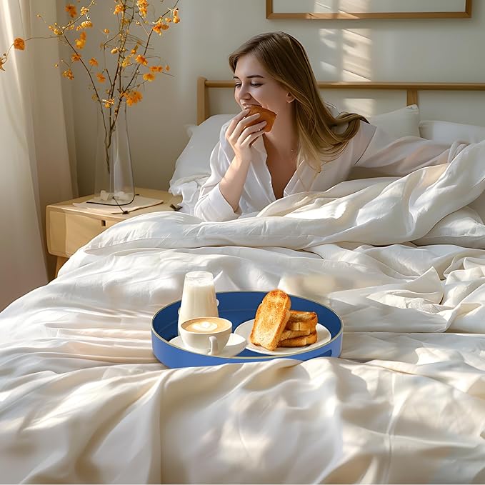 13" Blue Decorative Tray, Plastic Round Serving Tray with Handles | Decorative Tray for Coffee Table, Modern Ottoman Tray, Circle Tea Tray, Round Melamine Tray for Living Room, Bathroom - Image 6