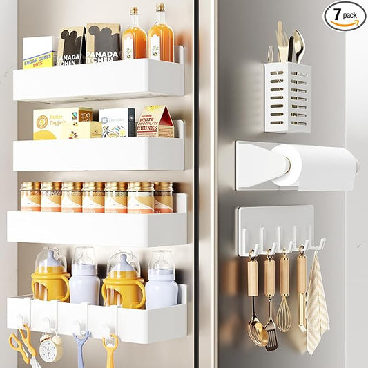 Mystozer Magnetic Spice Rack for Refrigerator,7 Pack Magnetic Shelf,Fridge Magnet Organizer with Paper Towel Holder,Utensils Racks,Hook Rack,Fridge Organizers and Storage White(7 Pack) by Mystozer