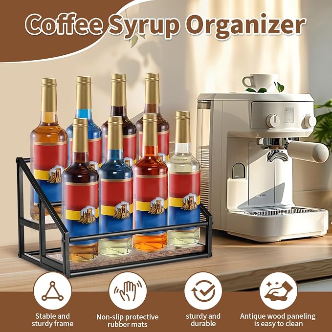 YQBRAO 2-Tier Coffee Syrup Organizer, 8-Bottle Rack, Rustic Brown | Holds up to 8 bottles in two raised rows for coffee bars, kitchens, counters, and beverage stations. - Image 2