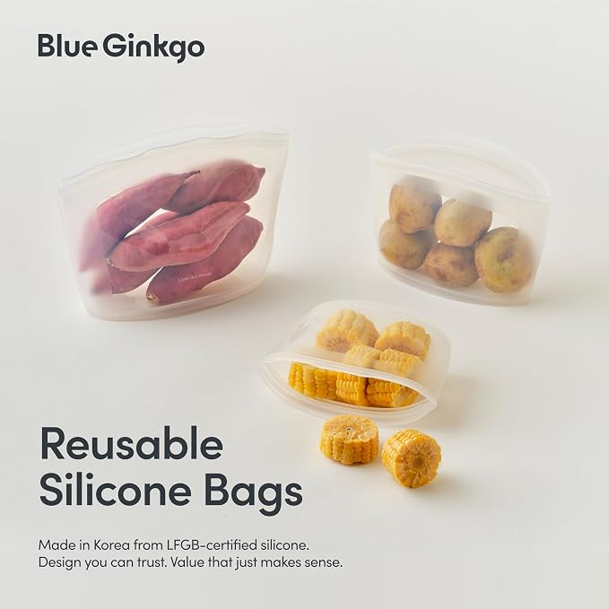 Blue Ginkgo Silicone Food Storage Bags, 3-Pack, Reusable, Made in Korea | Leakproof. Stand Up. Freezer and Dishwasher Safe. (Clear) - Image 2