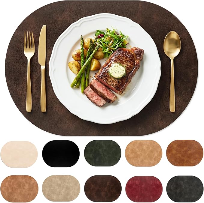 Placemats, Oval Placemats 2mm Ultra Thick Faux Leather Table Mats, Heat Resistant Waterproof Wipeable Dining Mats for Kitchen Table, Set of 8, Coffee by BIPASION