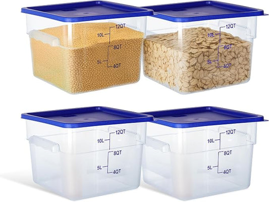 4 Pack 12QT Square Food Storage Containers with Lids | Clear NSF polycarbonate containers with scale, label and measuring cup, stackable for prep, storage, freezer. Dishwasher safe by STEELUS