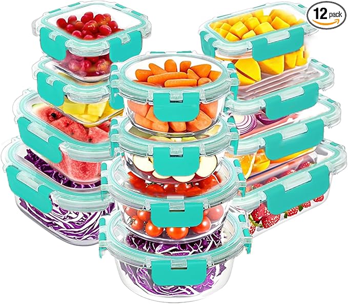 VERONES 12 Packs Glass Food Storage Containers Set with Lids, Green | Airtight Glass Lunch Containers, Glass Meal Prep Containers with Lids, for Microwave, Oven, Freezer & Dishwasher Friendly by VERONES