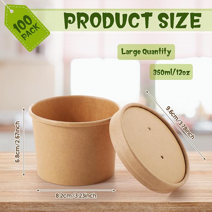 Fulmoon 100 Pack Paper Soup Containers with Lids Disposable Paper Food Containers with Vented Lid Kraft Ice Cream Cake Dessert Cups Soup Bowl for Party Hot Food Fruit Microwave(12 oz,Brown) - Image 2