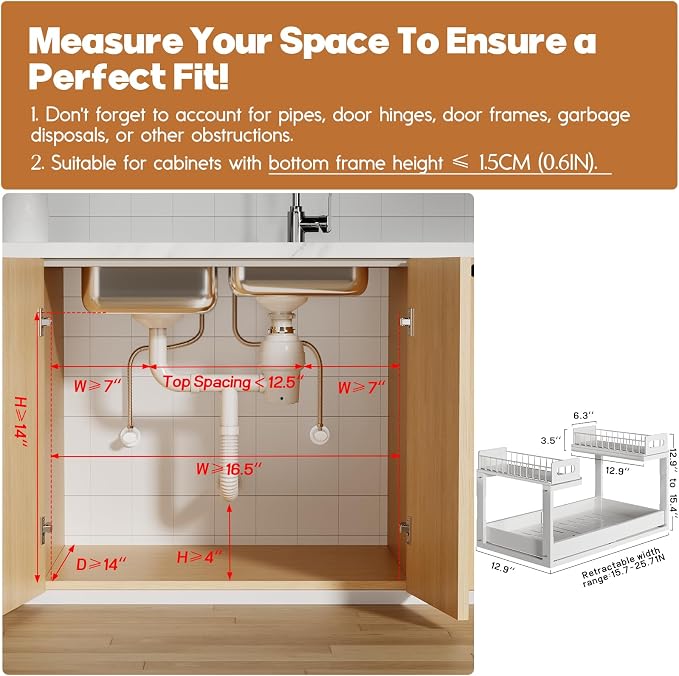 1 Pack-16"-26"W Expandable Under Sink Organizer With Upgrade Ball-Bearing Slide,2-Tier Pull Out Under Cabinet Organizer Height Adjustable,Not Suitable For Cabinets With Partitions In The Middle - Image 2