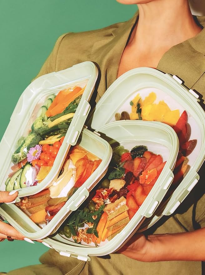 Crudités Portable Stretch-Lid Snack Tray, Rectangle 2-Pack, Sage Green - Image 5