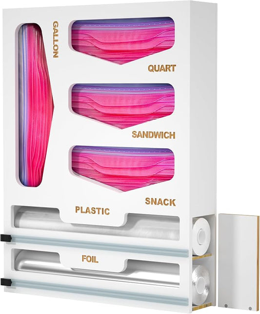 6 in 1 Bag Organizer and Wrap Dispenser with Magnetic Lid - Plastic Wrap Dispenser with Cutter for Kitchen Drawer, Storage for Gallon, Quart, Sandwich, Snack Bags, and Foil White by LUYABA
