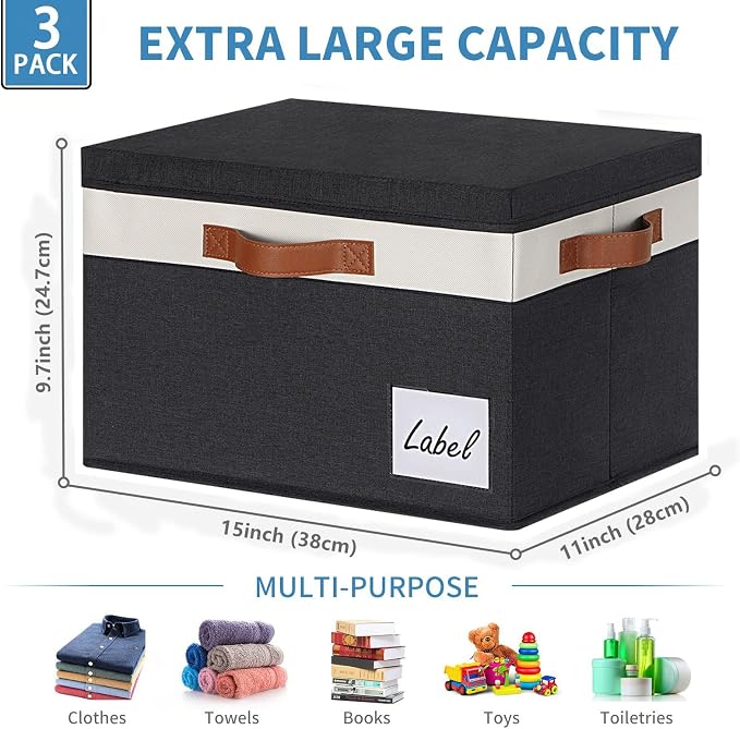 GhvyenntteS Large Storage Bins with Lids (3 Pack), Storage Baskets with Lid and Label Window, Foldable Fabric Storage Boxes with 3 Handles for Home Office College Dorms (Black, 15" x 11" x 9.7") - Image 3