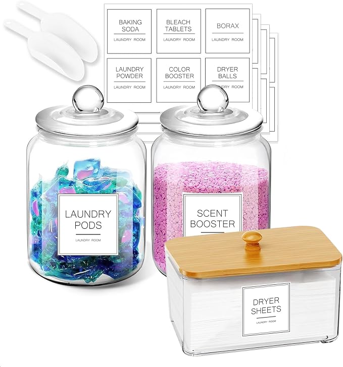 FyndraX Laundry Glass Jars with Dryer Sheets Holder, Containers with Scoop and Labels for Laundry Room Organization and Storage Detergents Pods or Powder, Scent Booster Beads, Set of 3 by FyndraX