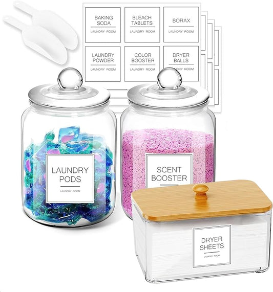 FyndraX Laundry Glass Jars with Dryer Sheets Holder, Containers with Scoop and Labels for Laundry Room Organization and Storage Detergents Pods or Powder, Scent Booster Beads, Set of 3 by FyndraX