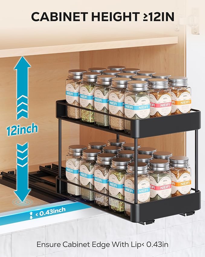 Nieifi Pull Out Spice Rack Organizer, 2 Tiers, 1 Pack | 6.5"Wx10.35"Dx8.4"H, For Cabinet, Easy to Install, Metal - Image 7
